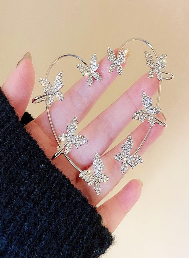 WZNBBOY 2Pcs Sparkly Rhinestone Butterfly Ear Cuff Earrings Fairy Crystal Cuffs Climber Wrap Around Non-Piercing Clip Fake Jewelry for Women(Butterfly-Silver) - Image 5